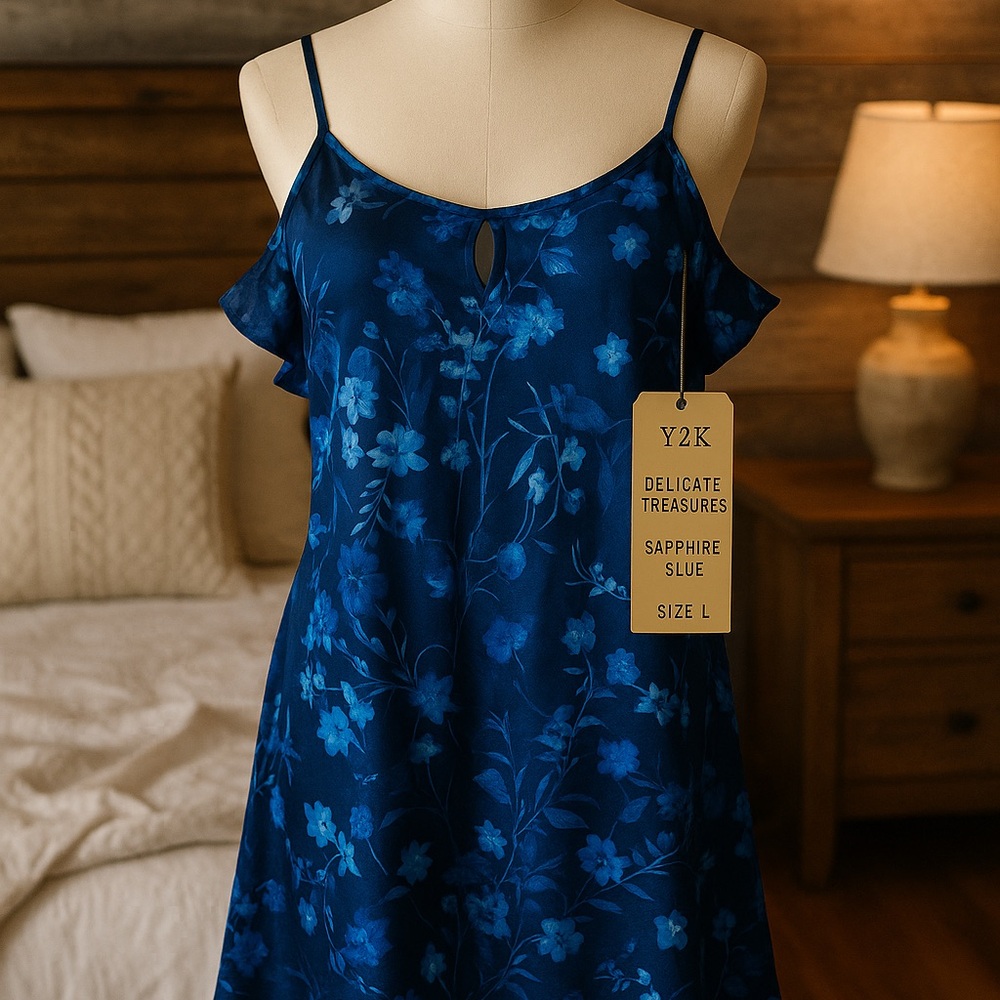 Y2K Delicate Treasures Sapphire Blue Floral Satin Nightgown L